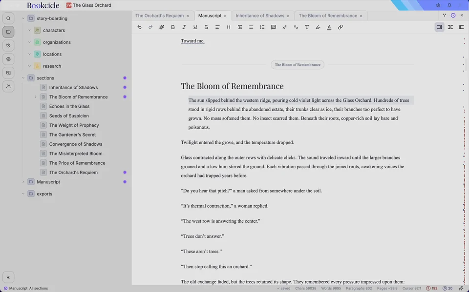 Bookcicle Studio desktop writing workspace with document chapters and an open draft